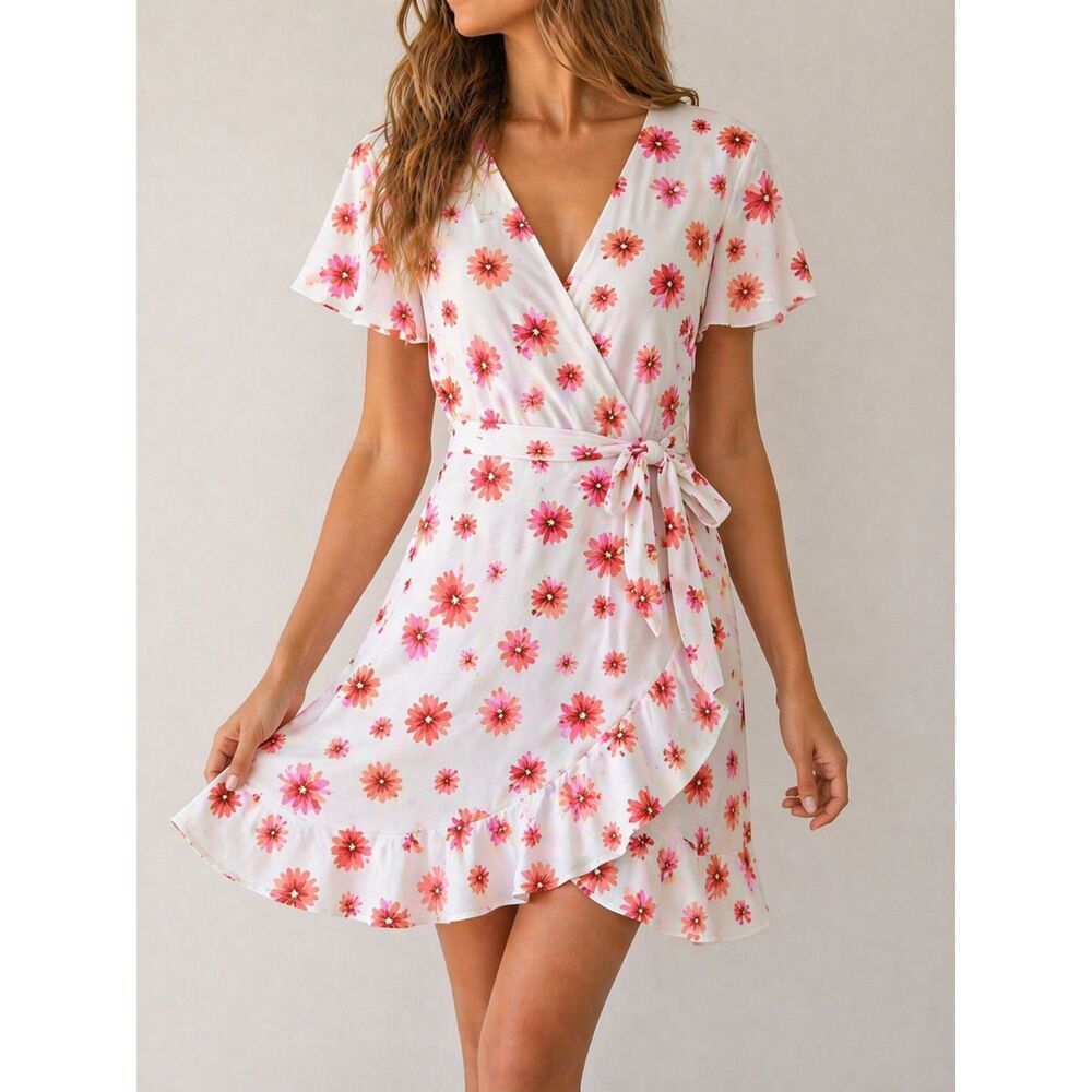 Sadie & Sage Floral Wrap Dress White Pink Ruffle Hem Lace Size S